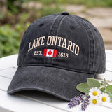 Lake Ontario Canada Flag Embroidered Hat, Vintage Washed Cotton Baseball Cap, Great Lakes Travel Gift