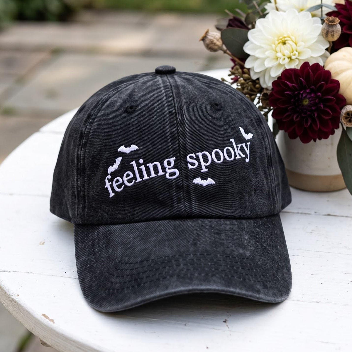 Custom Feeling Spooky Embroidered Hat, Halloween Bat Vintage Washed Dad Hat, Personalized Side Name Baseball Cap, Spooky Season Fall Gifts