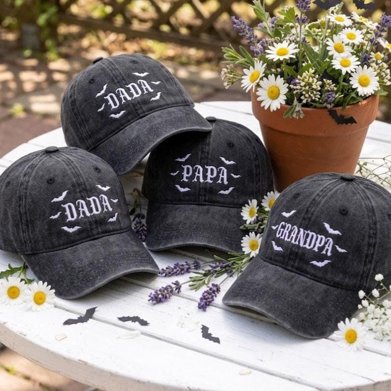 Custom Spooky Dad Hat, Halloween Dada Papa Grandpa Cap, Personalized Bats Embroidered Hat, Vintage Washed Baseball Cap, Fall Gift for Dad