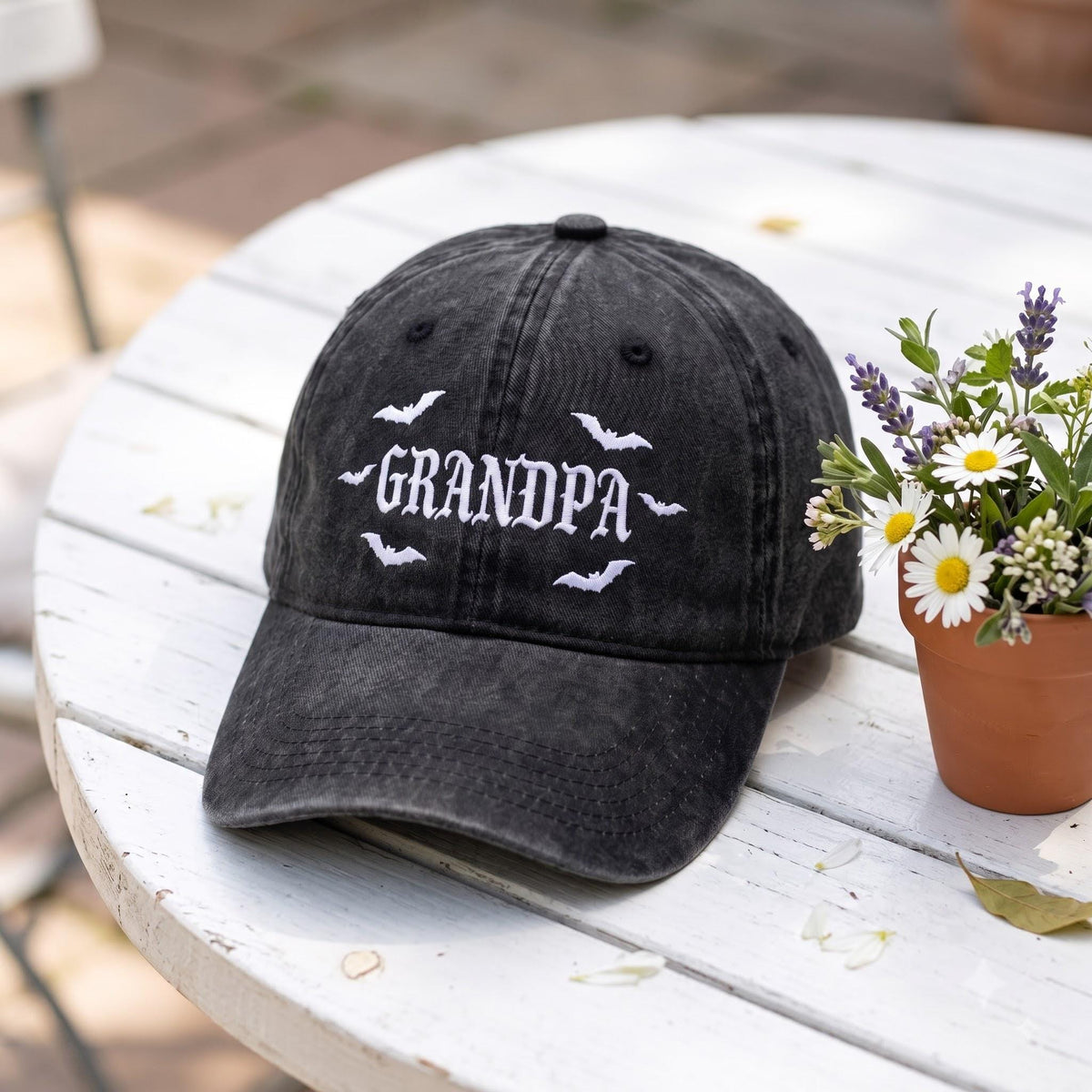 Custom Spooky Dad Hat, Halloween Dada Papa Grandpa Cap, Personalized Bats Embroidered Hat, Vintage Washed Baseball Cap, Fall Gift for Dad
