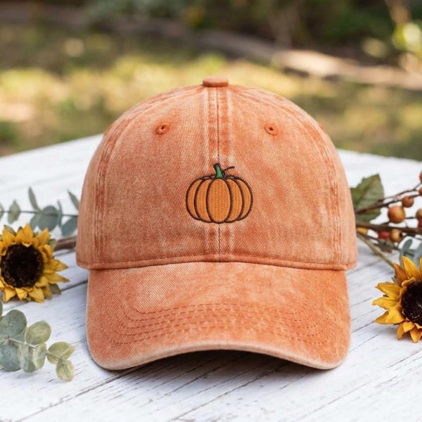 Minimalist Pumpkin Embroidered Hat, Vintage Washed Cotton Baseball Cap, Autumn Fall Gift