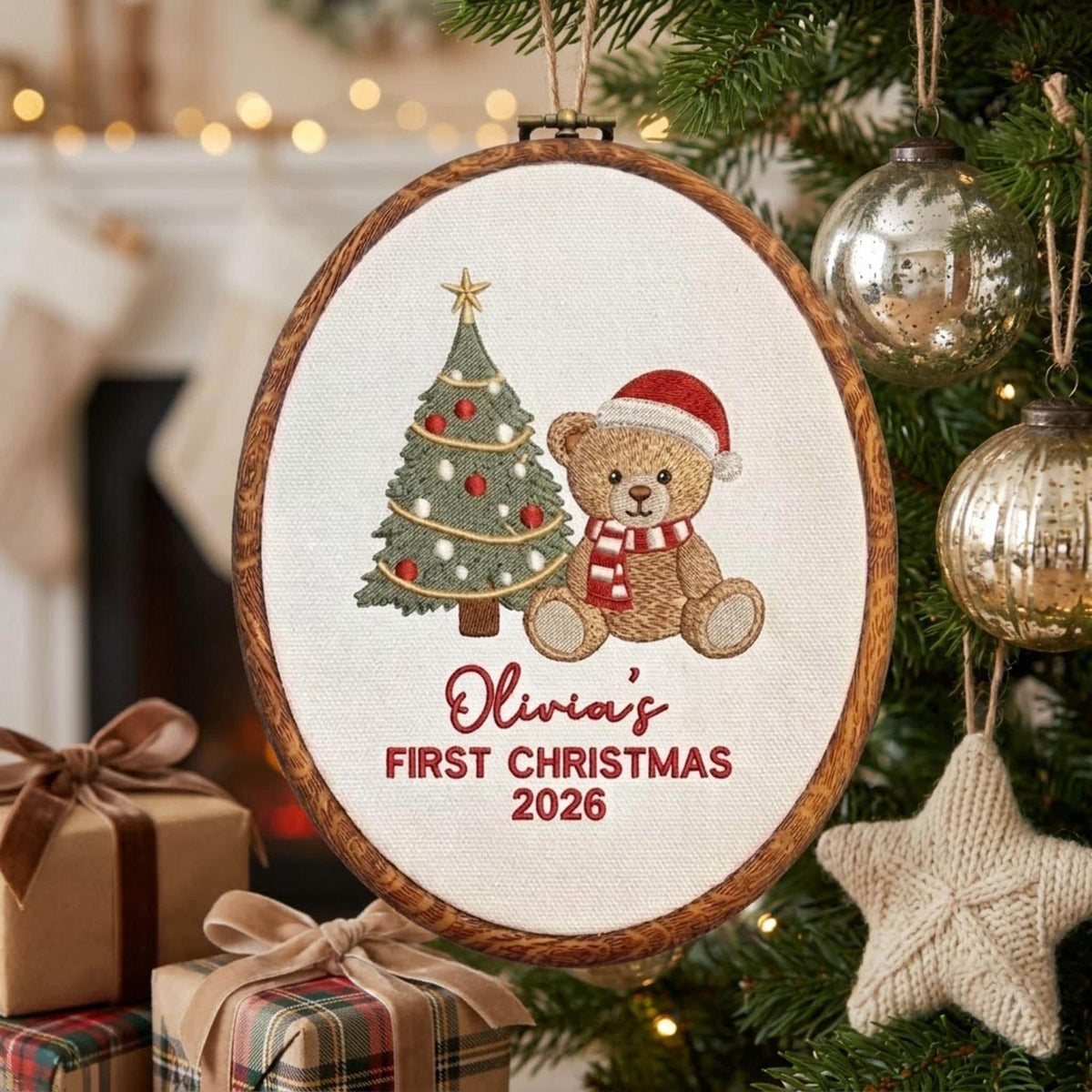 Baby 1st Christmas Ornament, Teddy Bear Tree Keepsake, Custom Name First Xmas Hoop 2026, New Baby Gift