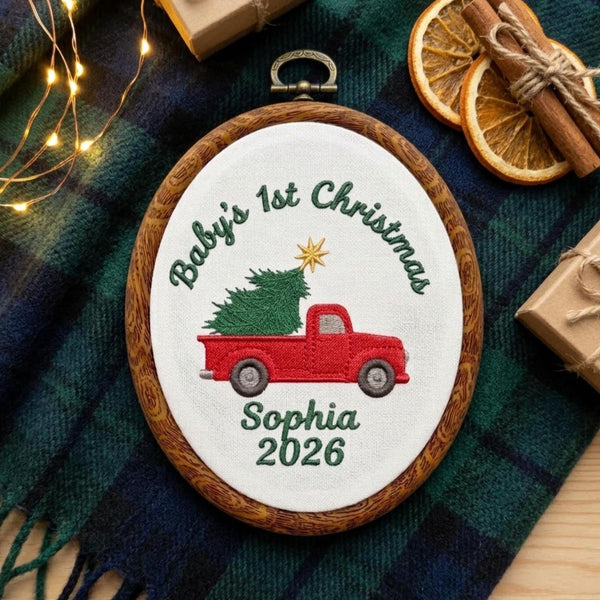 Personalized Baby 1st Christmas Ornament, Red Truck Keepsake, Custom Name First Xmas Hoop 2026, Holiday Baby Gift