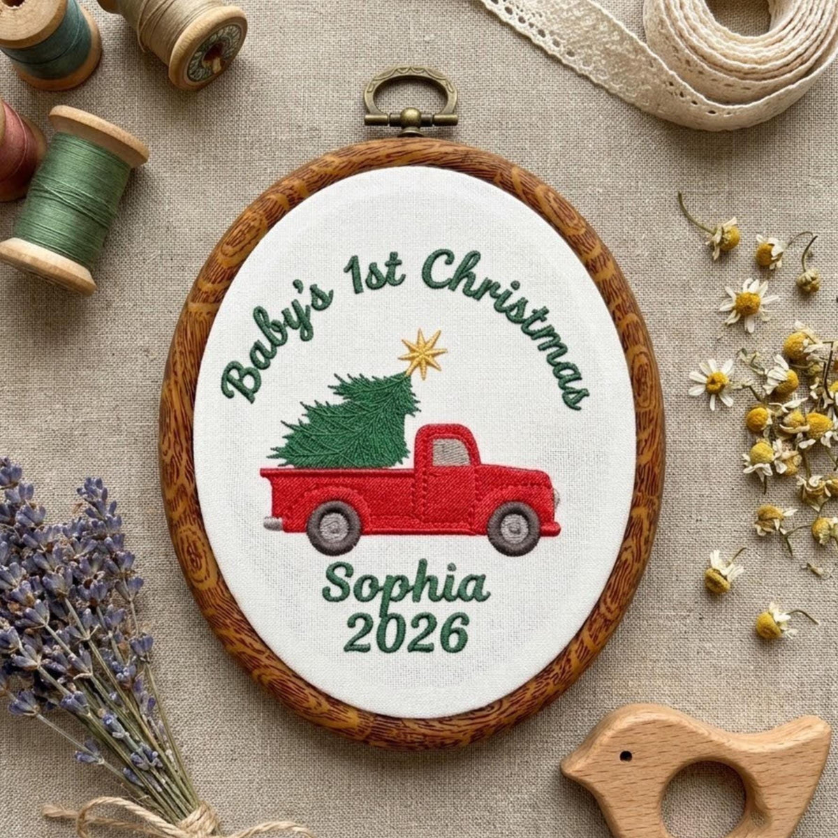 Personalized Baby 1st Christmas Ornament 2026 - Embroidered Vintage Red Truck Hoop Keepsake