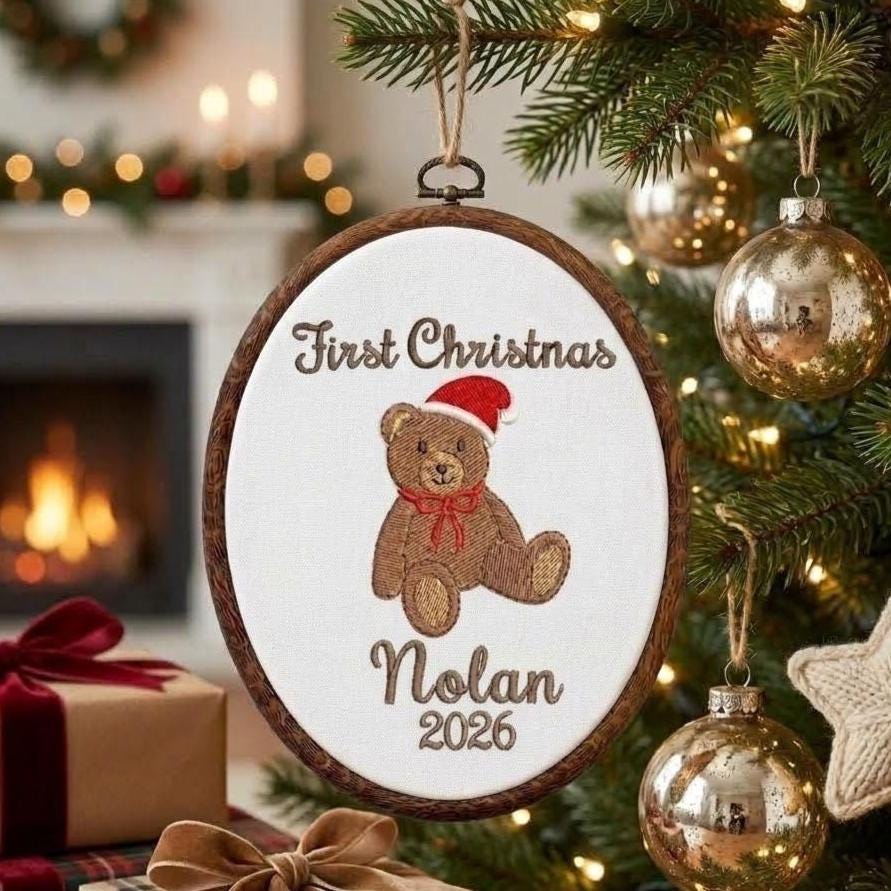 Personalized Baby 1st Christmas Ornament, Teddy Bear Keepsake, Custom Name First Xmas Hoop 2026, New Baby Boy Gift
