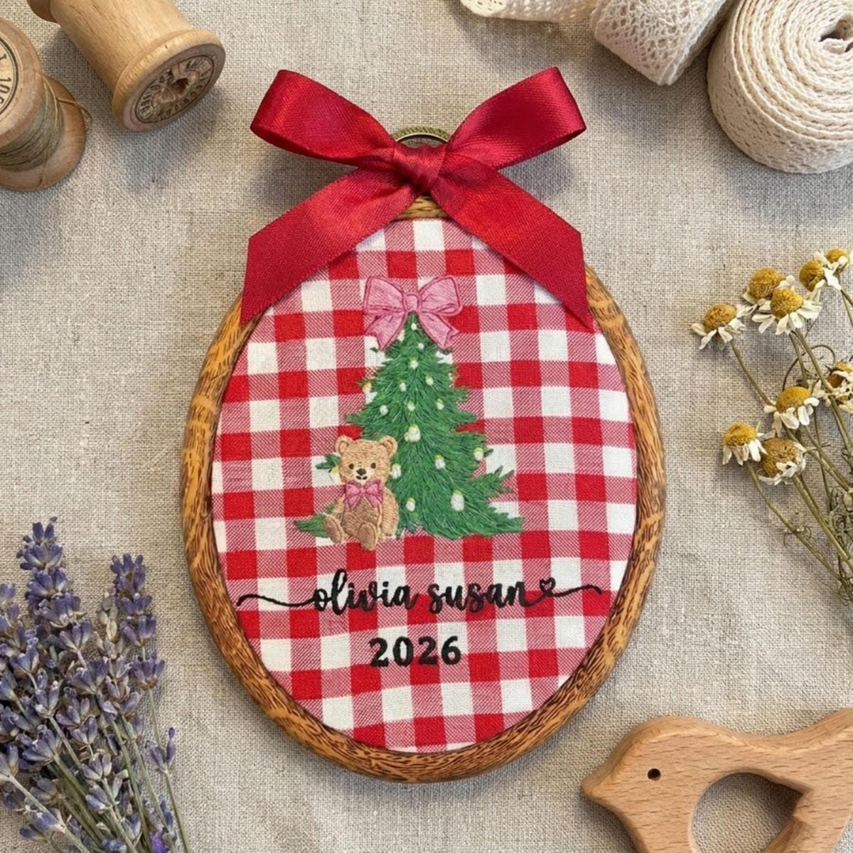 Personalized Baby First Christmas Ornament, Gingham Plaid Tree Hoop, Custom Name Xmas 2026 Keepsake, New Baby Girl Gift