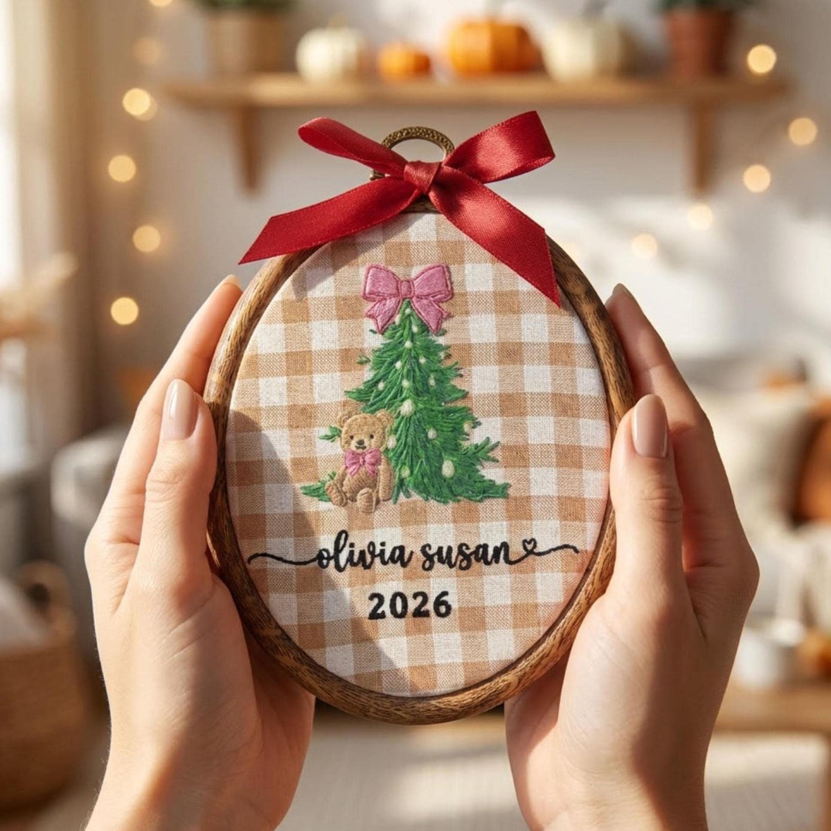 Personalized Baby First Christmas Ornament, Gingham Plaid Tree Hoop, Custom Name Xmas 2026 Keepsake, New Baby Girl Gift