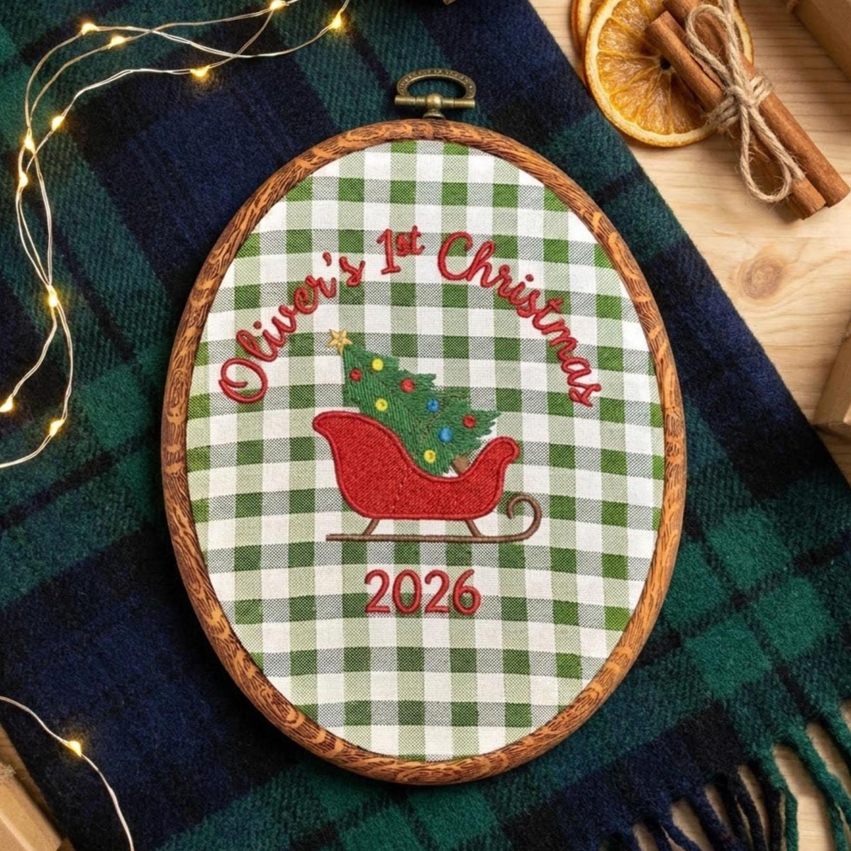 Personalized Baby Boy 1st Christmas Ornament 2026 - Embroidered Sleigh Tree Keepsake Hoop