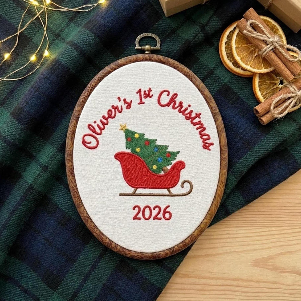 Personalized Baby Boy 1st Christmas Ornament 2026 - Embroidered Sleigh Tree Keepsake Hoop