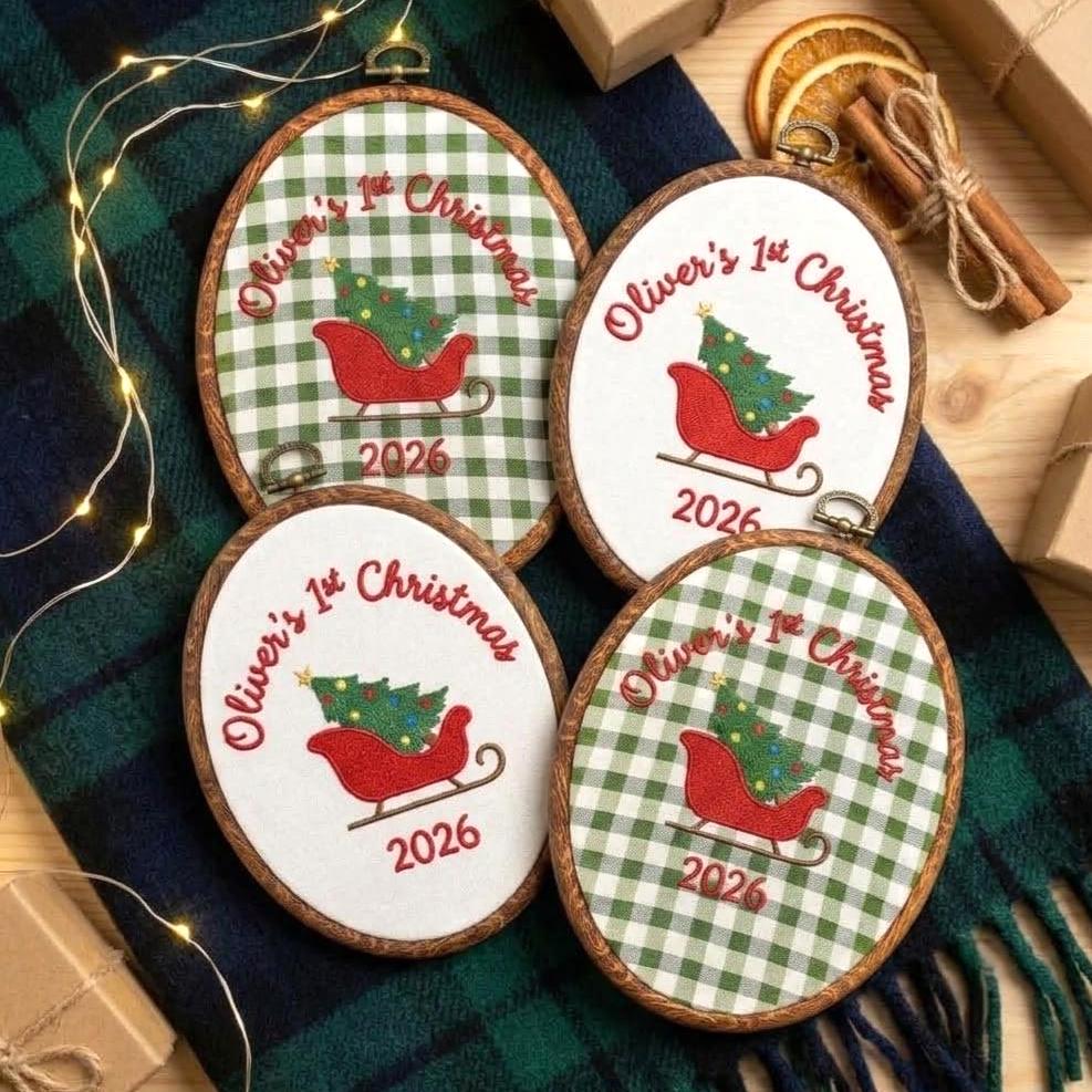 Personalized Baby Boy 1st Christmas Ornament 2026 - Embroidered Sleigh Tree Keepsake Hoop