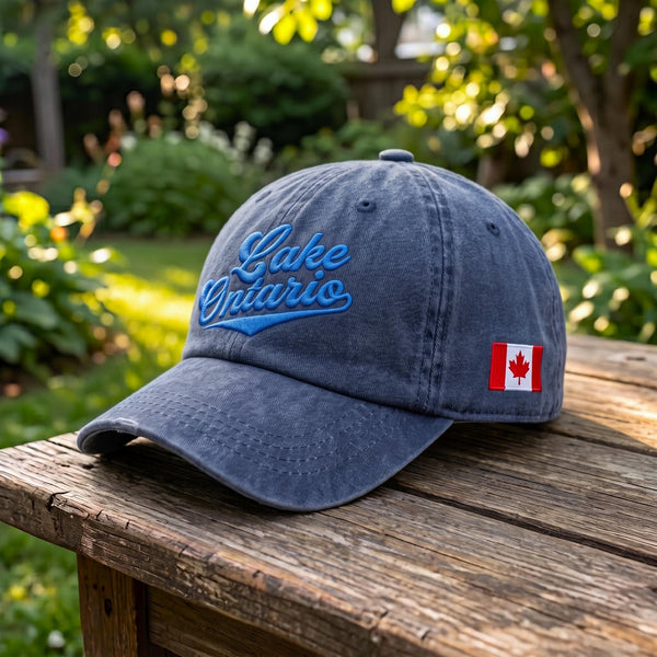 Lake Ontario Script Embroidered Hat, Canadian Flag Baseball Cap, Cottage Vacation Gift