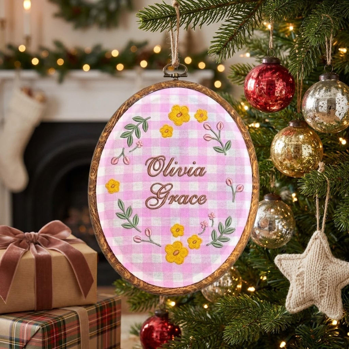 Personalized Floral Baby Name Sign, Rose Wreath Embroidery Hoop Art, Custom Nursery Wall Decor, Baby Shower Girl Gift