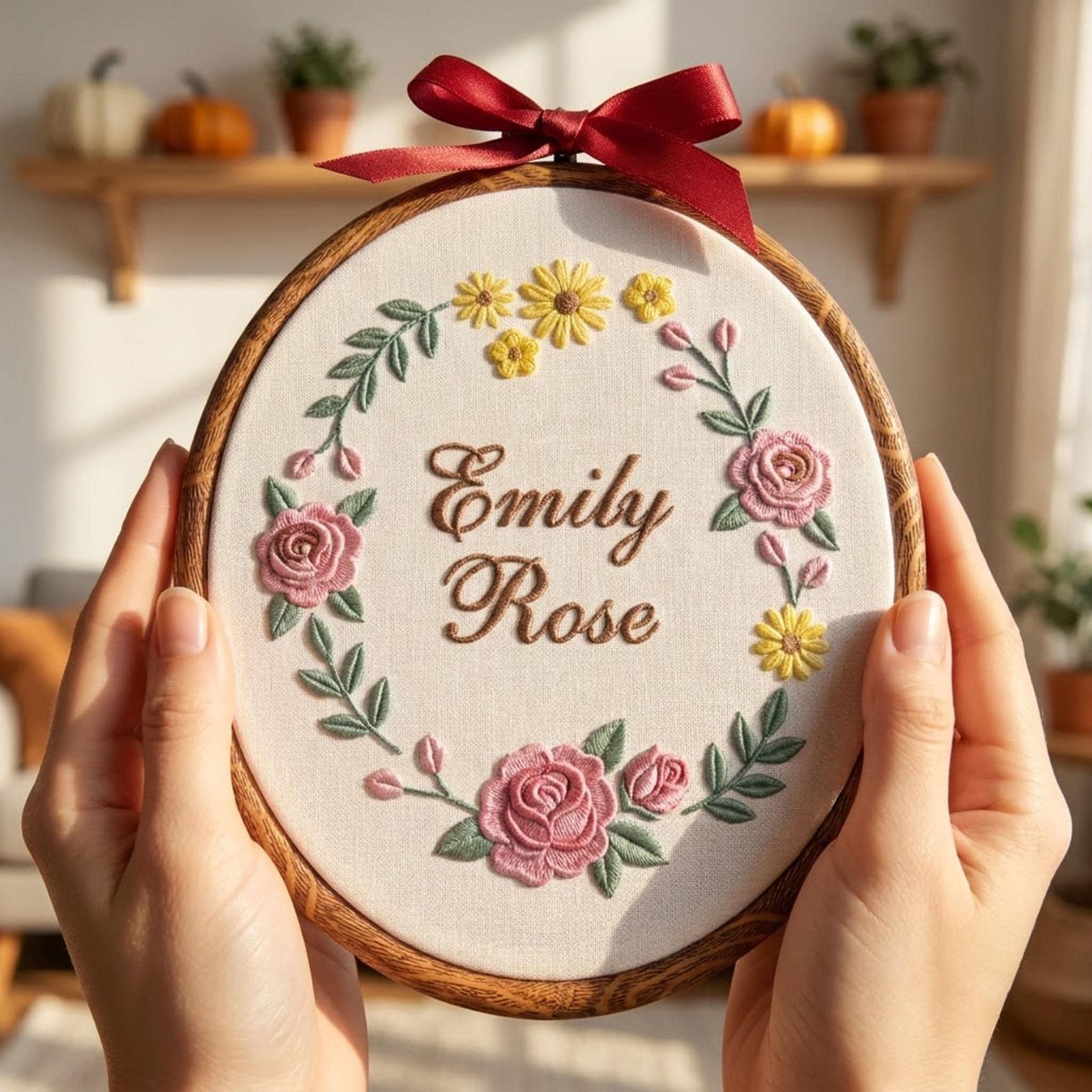 Personalized Floral Baby Name Sign, Rose Wreath Embroidery Hoop Art, Custom Nursery Wall Decor, Baby Girl Christmas Gift