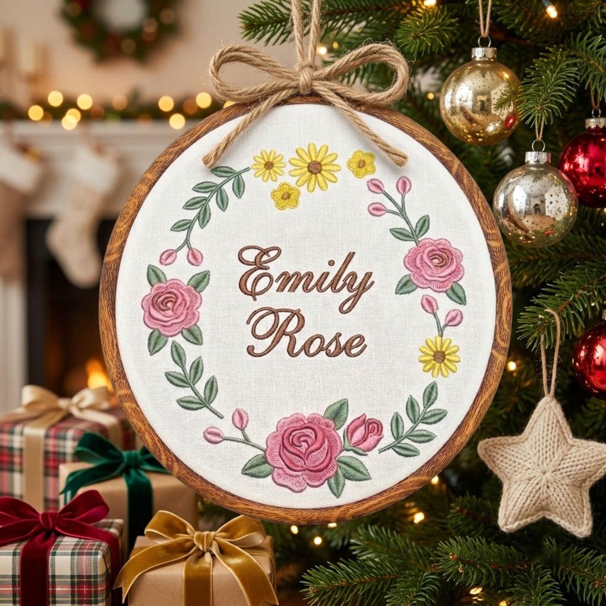 Personalized Floral Baby Name Sign, Rose Wreath Embroidery Hoop Art, Custom Nursery Wall Decor, Baby Girl Christmas Gift