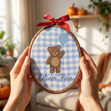 Personalized Teddy Bear Embroidery Hoop Art, Custom Baby Boy Name Sign, Nursery Wall Hanging Decor, Baby Shower Keepsake