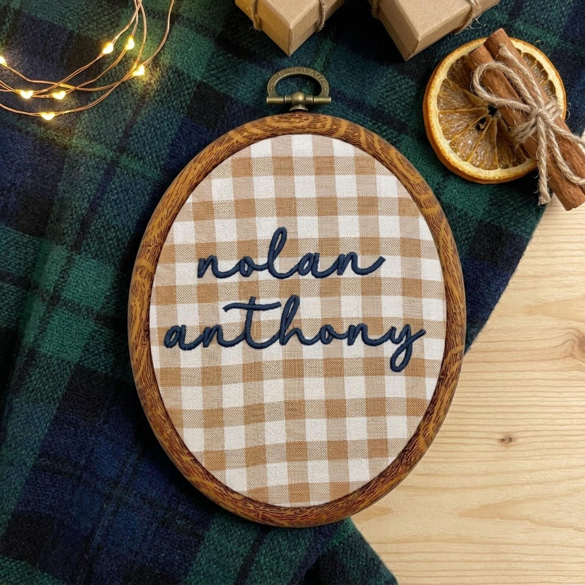 Personalized Name Sign, Gingham Plaid Embroidery Hoop Art, Custom Nursery Wall Decor, Baby Shower Keepsake Gift