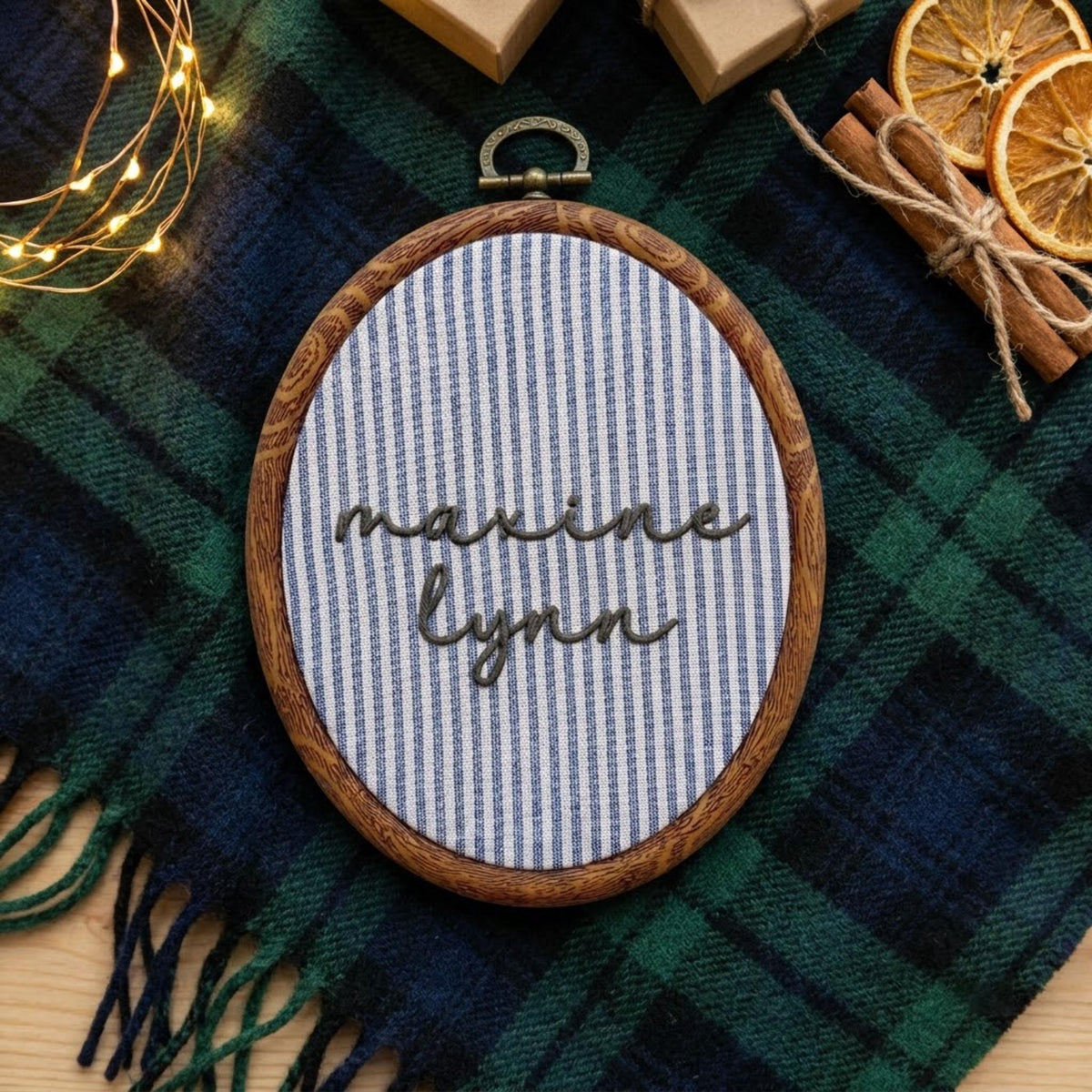 Personalized Name Sign, Gingham Plaid Embroidery Hoop Art, Custom Nursery Wall Decor, Baby Shower Keepsake Gift