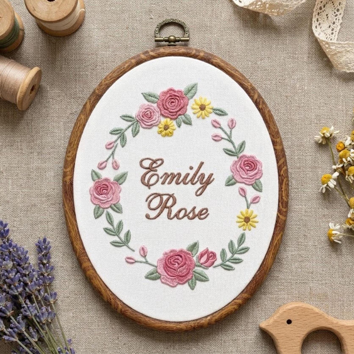 Personalized Floral Baby Name Sign, Rose Wreath Embroidery Hoop Art, Custom Nursery Wall Decor, Baby Girl Christmas Gift