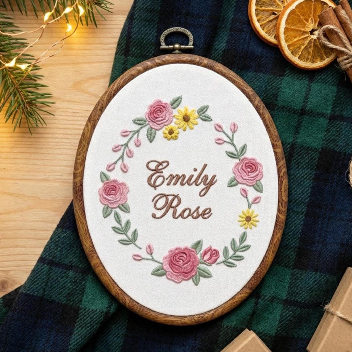 Personalized Floral Baby Name Sign, Rose Wreath Embroidery Hoop Art, Custom Nursery Wall Decor, Baby Girl Christmas Gift