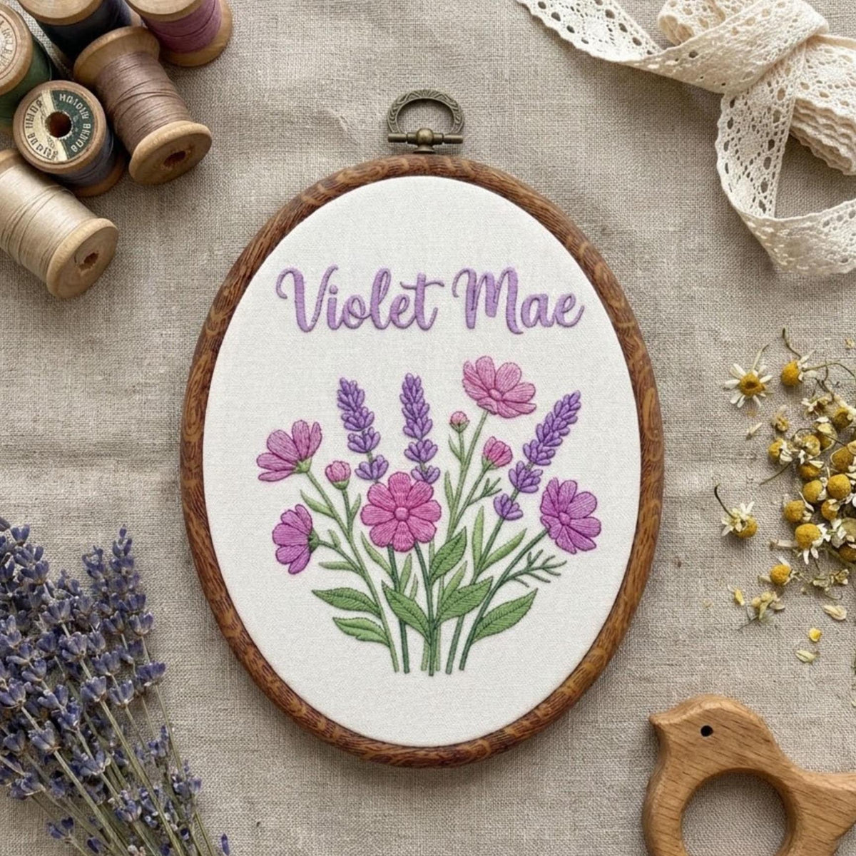 Personalized Floral Name Sign, Pink Gingham Nursery Decor, Custom Lavender Hoop Art, Embroidered Baby Girl Gift