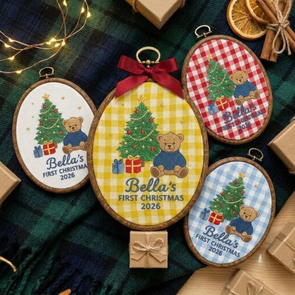 Personalized Baby 1st Christmas Ornament, Plaid Teddy Bear Keepsake, Custom First Xmas Hoop 2026, Holiday New Baby Gift