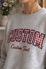 Embroidered Custom Gingham Applique Sweatshirt, Personalized Grandma Mama Name Crewneck, Varsity Lettering Pullover, Custom Gift For Her