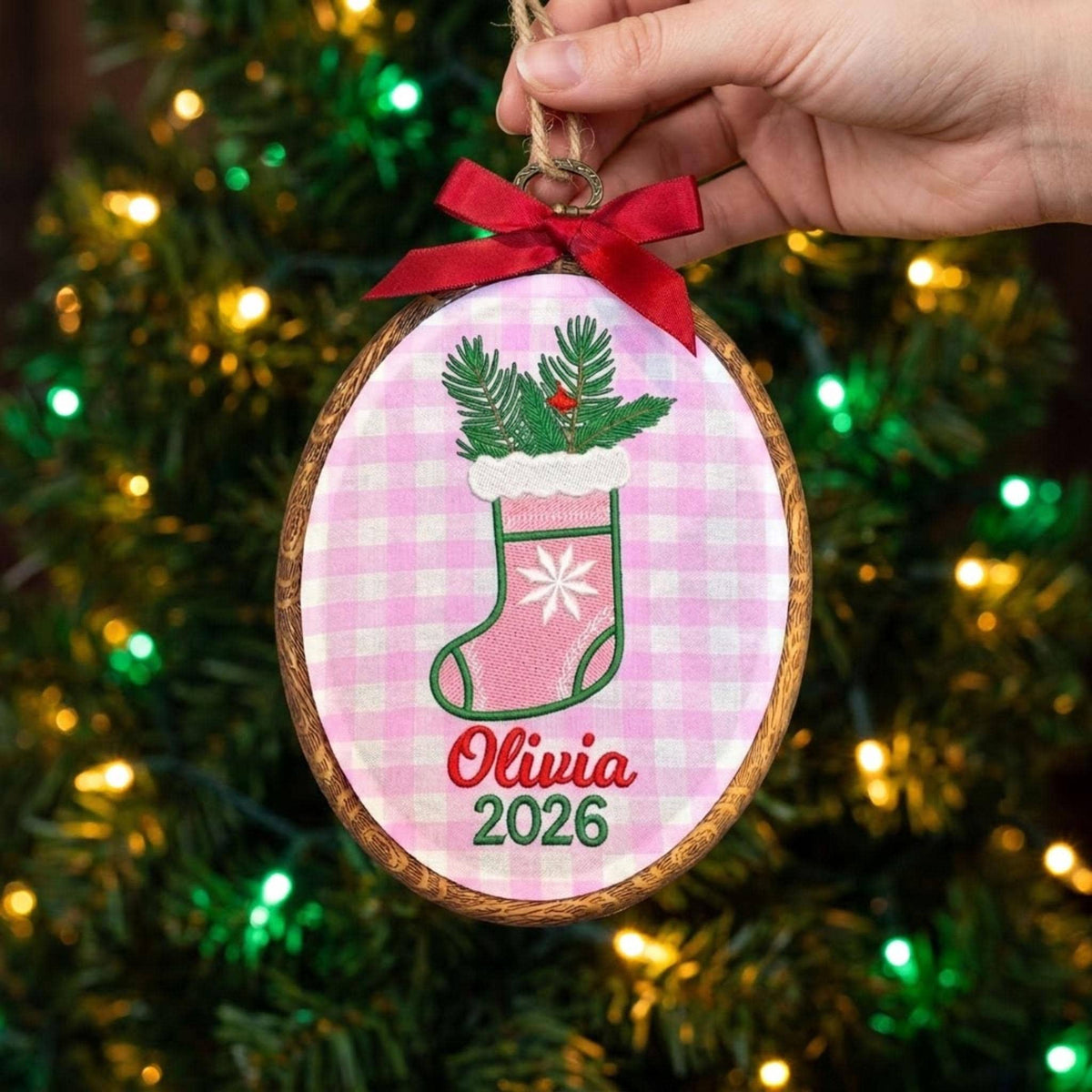 Custom Name Christmas Ornament, Baby Girl 1st Xmas Gift, Embroidered Hoop Hanging Decor, Pink Gingham Stocking Keepsake 2026