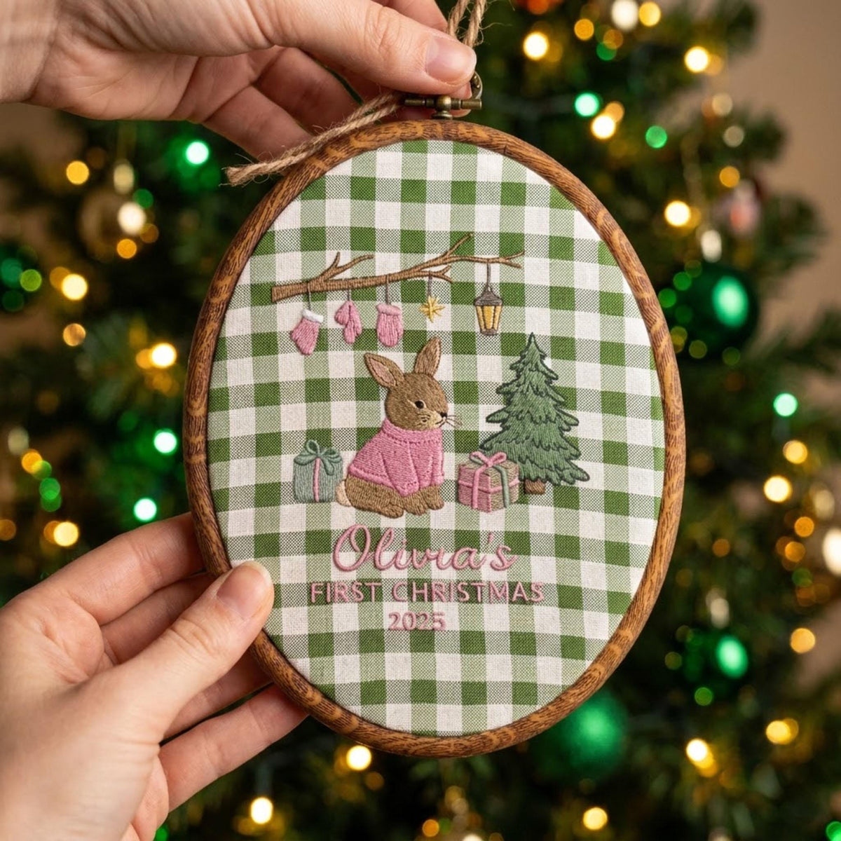 Personalized Baby First Christmas Ornament 2026, Cute Bunny Embroidered Hoop, Custom Name Xmas Keepsake, Newborn Woodland Gift
