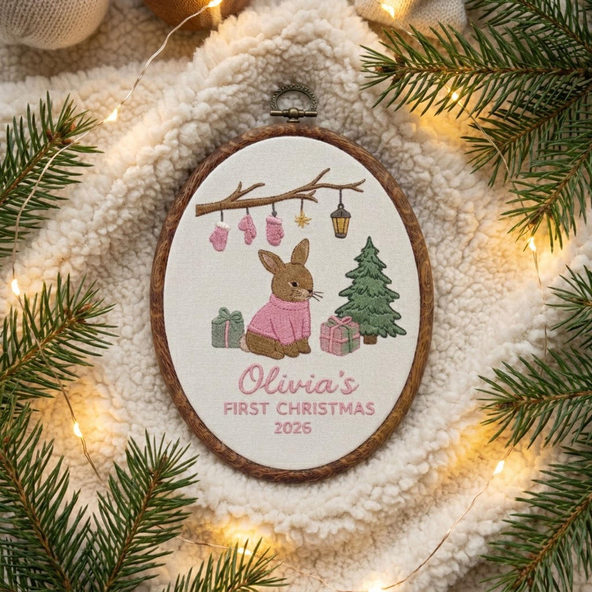 Personalized Baby First Christmas Ornament 2026, Cute Bunny Embroidered Hoop, Custom Name Xmas Keepsake, Newborn Woodland Gift