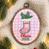 Custom Name Christmas Ornament, Baby Girl 1st Xmas Gift, Embroidered Hoop Hanging Decor, Pink Gingham Stocking Keepsake 2026