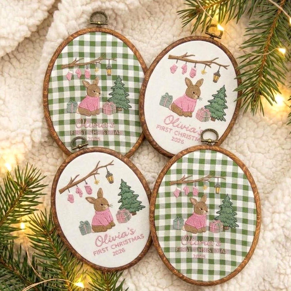 Personalized Baby First Christmas Ornament 2026, Cute Bunny Embroidered Hoop, Custom Name Xmas Keepsake, Newborn Woodland Gift