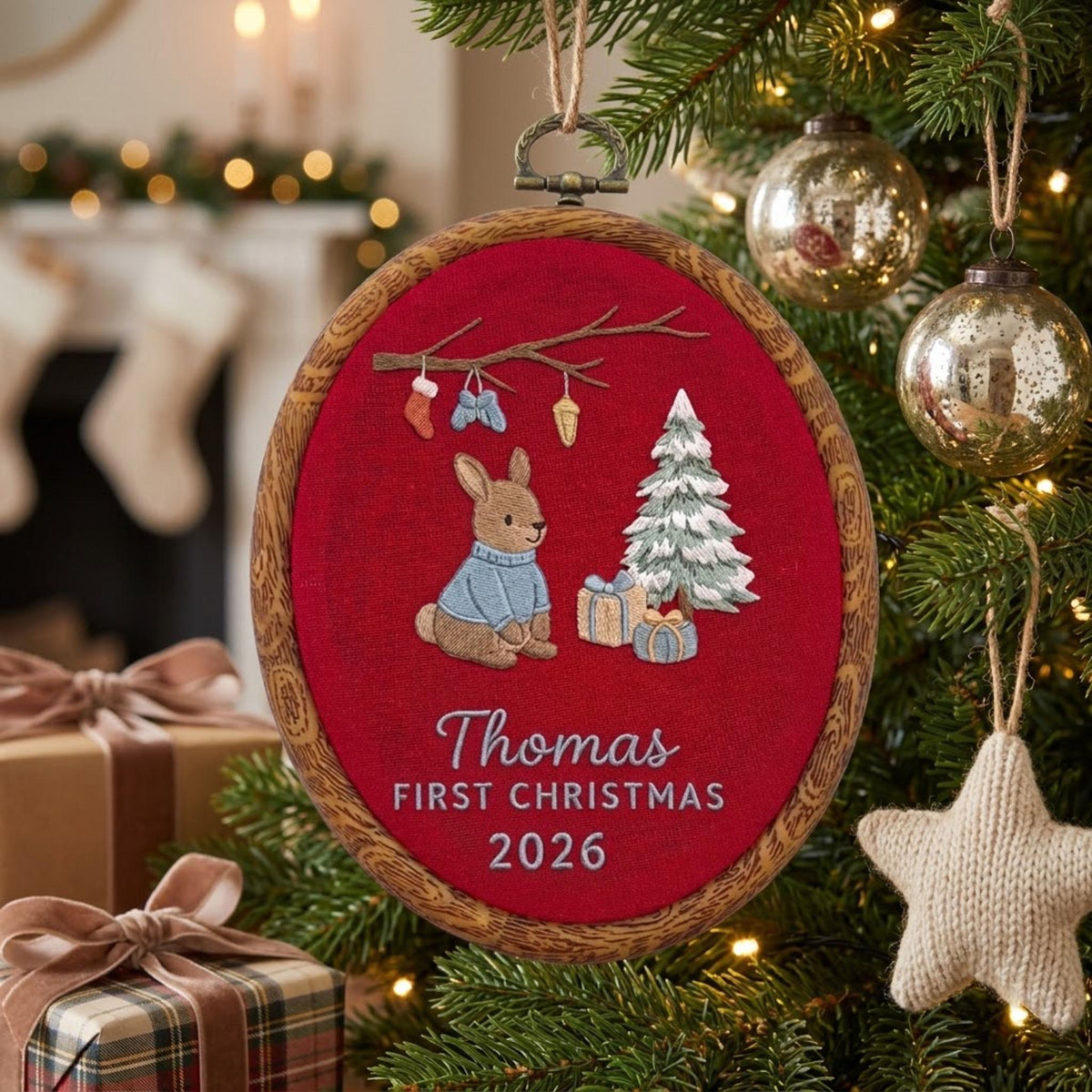 Custom Name Christmas Ornament, Baby Boy 1st Xmas Gift 2026, Cute Bunny Embroidered Hoop Decor, Red Linen Newborn Keepsake Ornament