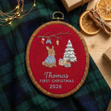 Custom Name Christmas Ornament, Baby Boy 1st Xmas Gift 2026, Cute Bunny Embroidered Hoop Decor, Red Linen Newborn Keepsake Ornament