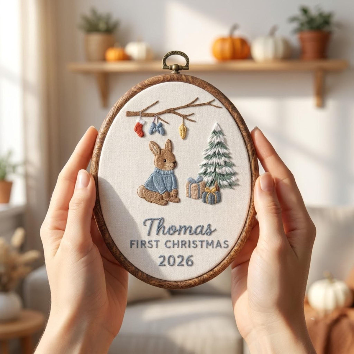 Custom Name Christmas Ornament, Baby Boy 1st Xmas Gift 2026, Cute Bunny Embroidered Hoop Decor, Red Linen Newborn Keepsake Ornament
