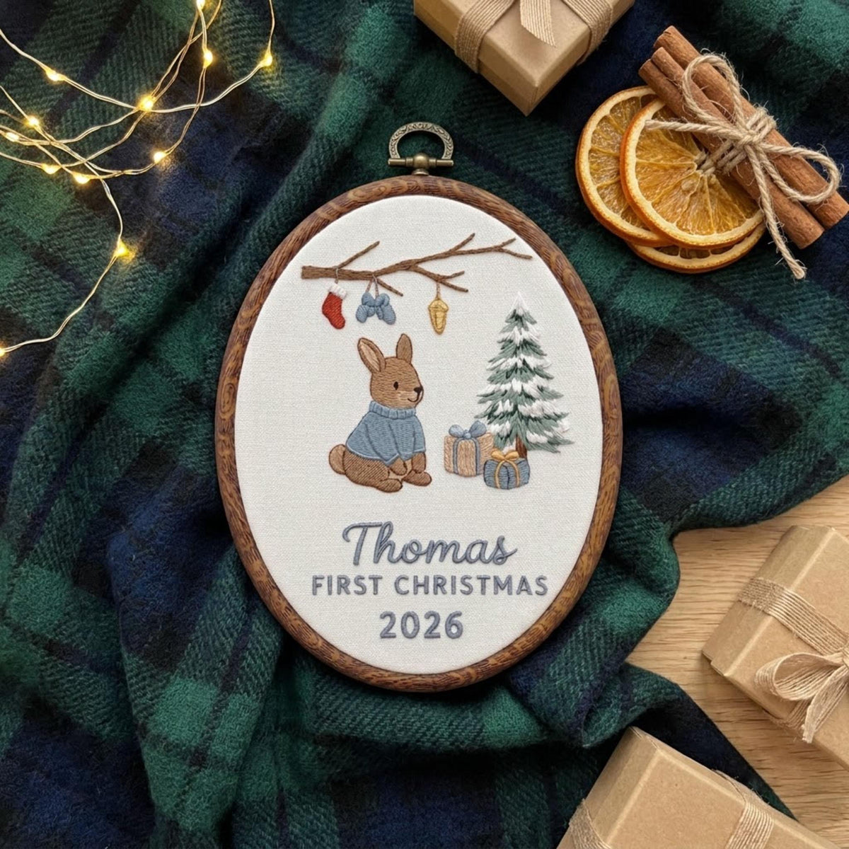 Custom Name Christmas Ornament, Baby Boy 1st Xmas Gift 2026, Cute Bunny Embroidered Hoop Decor, Red Linen Newborn Keepsake Ornament