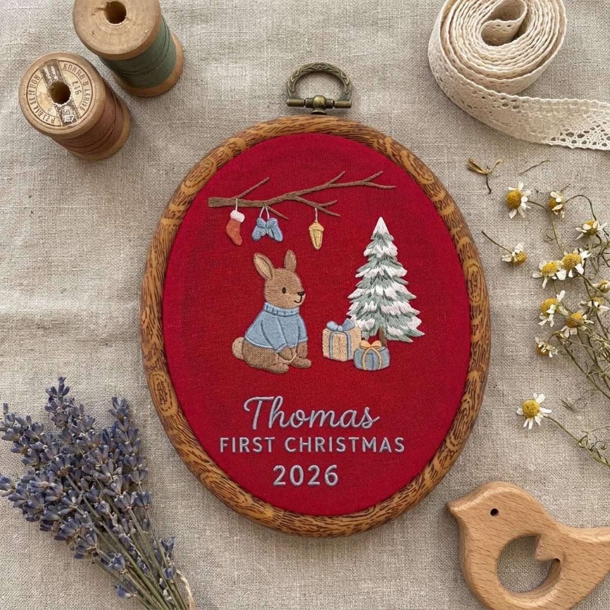 Custom Name Christmas Ornament, Baby Boy 1st Xmas Gift 2026, Cute Bunny Embroidered Hoop Decor, Red Linen Newborn Keepsake Ornament