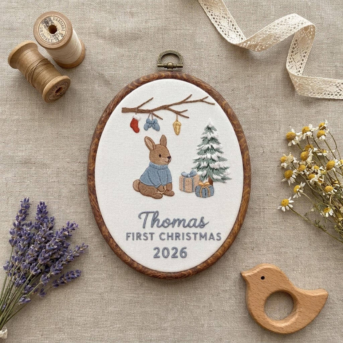 Custom Name Christmas Ornament, Baby Boy 1st Xmas Gift 2026, Cute Bunny Embroidered Hoop Decor, Red Linen Newborn Keepsake Ornament