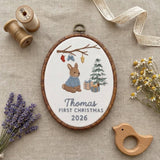 Custom Name Christmas Ornament, Baby Boy 1st Xmas Gift 2026, Cute Bunny Embroidered Hoop Decor, Red Linen Newborn Keepsake Ornament
