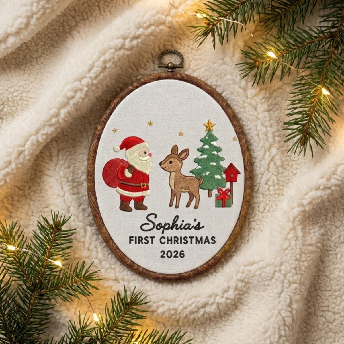 Custom Name Christmas Ornament, Baby 1st Xmas Gift 2026, Santa Claus Deer Embroidered Hoop Decor, Blue Gingham Keepsake Tree Hanging