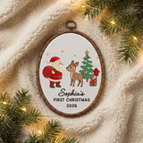 Custom Name Christmas Ornament, Baby 1st Xmas Gift 2026, Santa Claus Deer Embroidered Hoop Decor, Blue Gingham Keepsake Tree Hanging