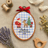 Custom Name Christmas Ornament, Baby 1st Xmas Gift 2026, Santa Claus Deer Embroidered Hoop Decor, Blue Gingham Keepsake Tree Hanging