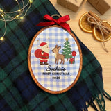 Custom Name Christmas Ornament, Baby 1st Xmas Gift 2026, Santa Claus Deer Embroidered Hoop Decor, Blue Gingham Keepsake Tree Hanging