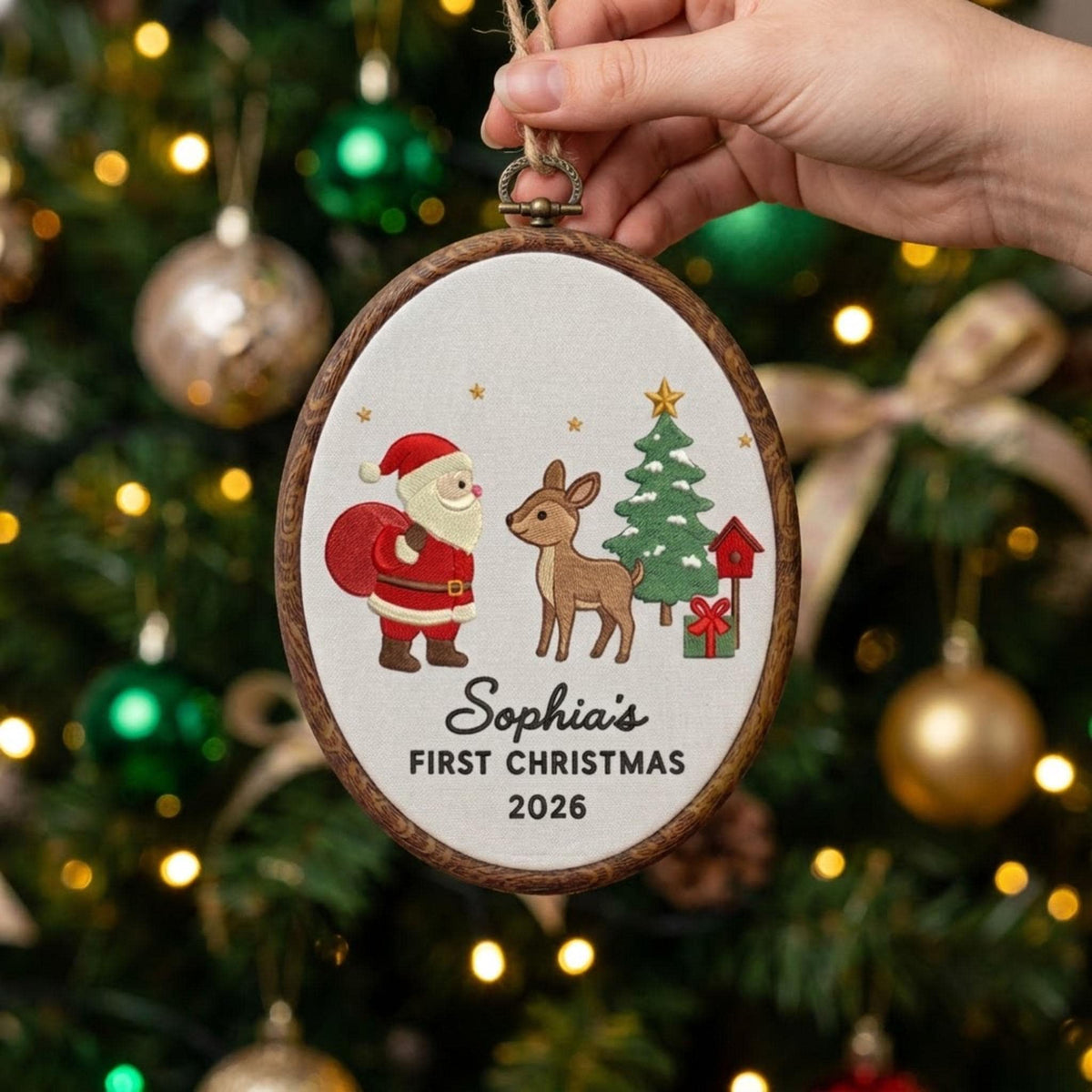 Custom Name Christmas Ornament, Baby 1st Xmas Gift 2026, Santa Claus Deer Embroidered Hoop Decor, Blue Gingham Keepsake Tree Hanging