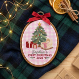 Personalized Baby Girl 1st Christmas Ornament 2026 - Embroidered Cradle Pink Gingham Hoop