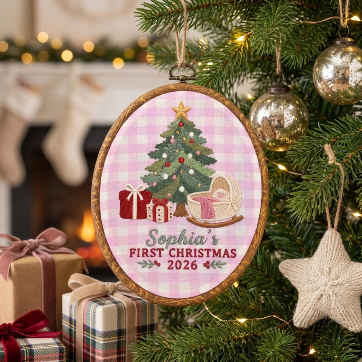 Personalized Baby Girl 1st Christmas Ornament 2026 - Embroidered Cradle Pink Gingham Hoop