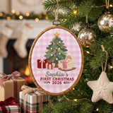 Personalized Baby Girl 1st Christmas Ornament 2026 - Embroidered Cradle Pink Gingham Hoop