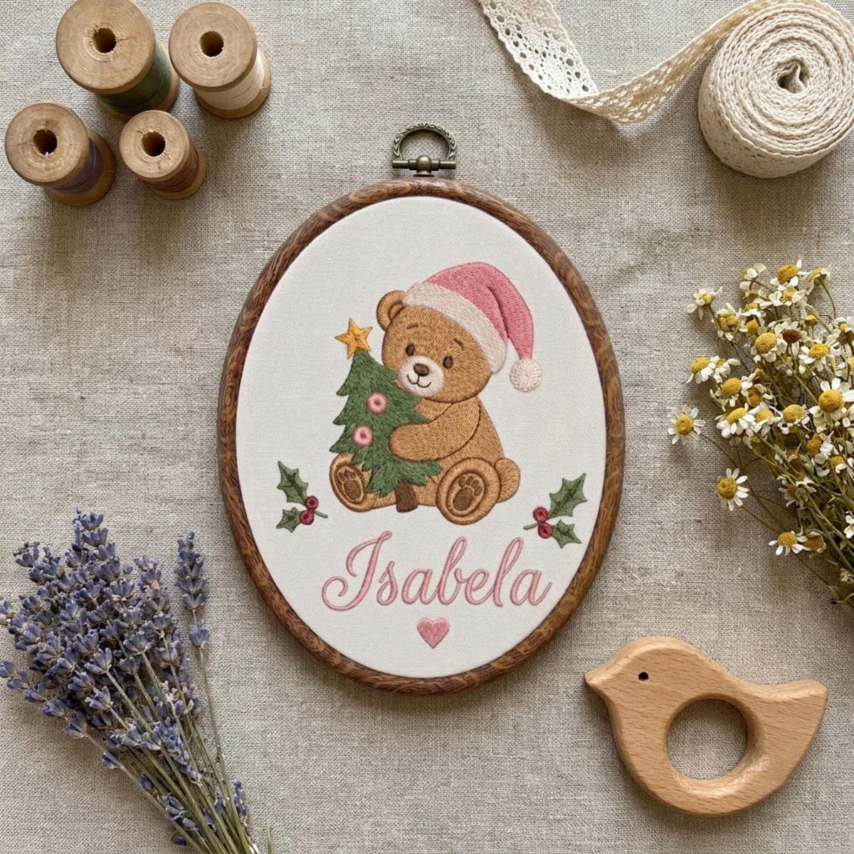 Custom Name Christmas Ornament, Cute Teddy Bear Embroidered Hoop, Personalized Baby Keepsake Gift, Yellow Gingham Tree Hanging Ornament