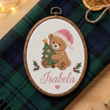 Custom Name Christmas Ornament, Cute Teddy Bear Embroidered Hoop, Personalized Baby Keepsake Gift, Yellow Gingham Tree Hanging Ornament