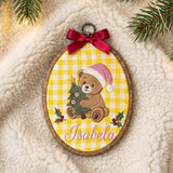 Custom Name Christmas Ornament, Cute Teddy Bear Embroidered Hoop, Personalized Baby Keepsake Gift, Yellow Gingham Tree Hanging Ornament