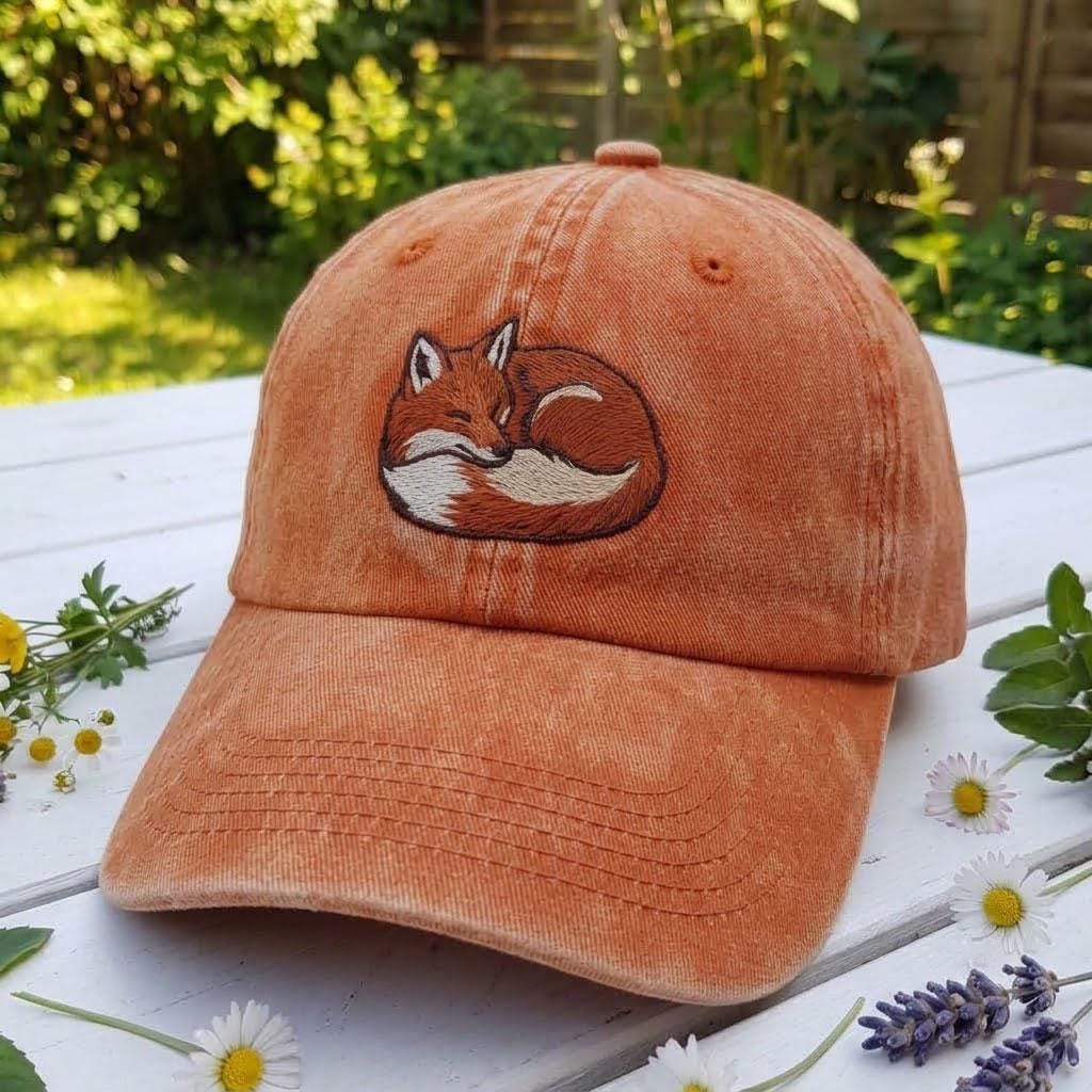 Red Fox Embroidered Hat, Charcoal Washed Denim Baseball Cap, Woodland Wildlife Gift